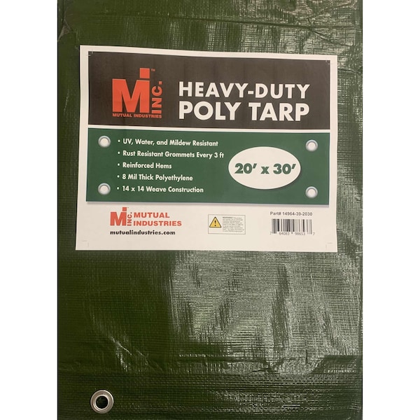Heavy Duty Tarp, 20 ft x 30 ft, 8 mil, Green, UV Resistant, Mildew Resistant